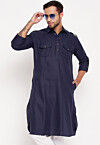 Solid Color Cotton Pathani Kurta in Navy Blue