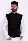 Solid Color Cotton Silk Nehru Jacket in Black