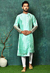 Solid Color Dupion Silk Asymmetric Kurta Set in Sea Green