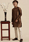 Solid Color Dupion Silk Kurta Pyjama Set in Brown