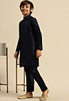 Solid Color Dupion Silk Kurta Pyjama Set in Navy Blue