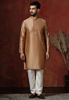 Embroidered Collar Dupion Silk Kurta Set in Beige