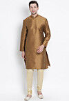 Solid Color Dupion Silk Kurta Set in Brown