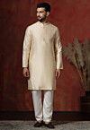 Embroidered Collar Dupion Silk Kurta Set in Cream