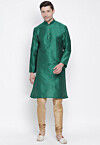 Solid Color Dupion Silk Kurta Set in Dark Green