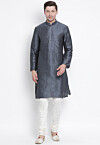 Solid Color Dupion Silk Kurta Set in Dark Grey