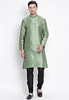 Solid Color Dupion Silk Kurta Set in Dusty Green