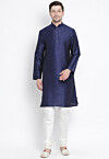 Solid Color Dupion Silk Kurta Set in Navy Blue