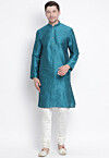 Solid Color Dupion Silk Kurta Set in Teal Blue