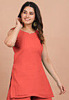 Solid Color Georgette Straight Kurta in Coral Red