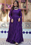 Solid Color Georgette Tiered Abaya Style Suit in Purple