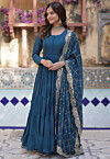 Solid Color Georgette Tiered Abaya Style Suit in Teal Blue