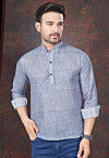 Solid Color Linen Short Kurta in Blue