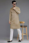 Solid Color Matka Silk Kurta Set in Beige