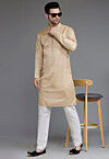 Solid Color Matka Silk Kurta Set in Beige