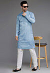 Solid Color Matka Silk Kurta Set in Sky Blue