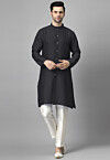 Solid Color Raw Silk Kurta Set in Black