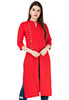 Solid Color Rayon Front Slit Kurta in Red
