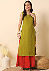 Solid Color Rayon Straight Kurta in Olive Green