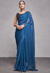 Solid Color Satin Chiffon Saree in Teal Blue
