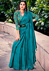 Solid Color Satin Silk Saree in Teal Green