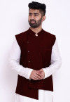 Solid Color Taffeta Silk Asymmetric Nehru Jacket in Maroon