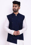 Solid Color Taffeta Silk Asymmetric Nehru Jacket in Navy Blue