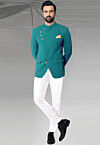 Solid Color Terry Rayon Jodhpuri Suit in Teal Blue