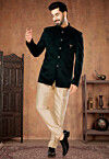 Solid Color Velvet Jodhpuri Suit in Dark Green