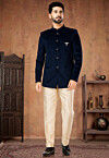 Solid Color Velvet Jodhpuri Suit in Navy Blue
