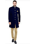 Solid Color Velvet Sherwani in Navy Blue