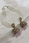 Stone Studded Jhumka Style Earrings with Layered Ear Chain