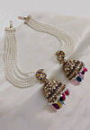 Stone Studded Jhumka Style Earrings with Layered Ear Chain