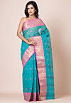 Tant Pure Cotton Saree in Teal Blue