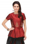 Embroidered Art Silk Peplum Top in Maroon