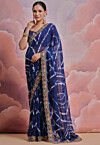 Tie Dye Printed Georgette Scalloped Saree in Navy Blue