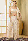 Woven Art Silk Crop Top Set in Beige