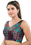 Woven Art Silk Jacquard Blouse in Teal Blue