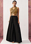 Woven Art Silk Jacquard Crop Top Set in Black and Golden