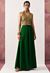 Woven Art Silk Jacquard Crop Top Set in Green and Golden