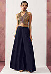 Woven Art Silk Jacquard Crop Top Set in Navy Blue and Golden