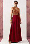 Woven Art Silk Jacquard Crop Top Set in Red and Golden