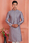Woven Art Silk Jacquard Kurta in Grey