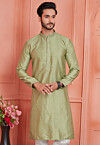 Woven Art Silk Jacquard Kurta in Olive Green