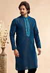 Woven Art Silk Jacquard Kurta in Teal Blue