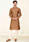 Woven Art Silk Jacquard Kurta Set in Brown