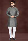 Woven Art Silk Jacquard Kurta Set in Dark Grey
