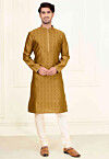 Woven Art Silk Jacquard Kurta Set in Mustard