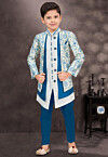 Woven Art Silk Jacquard Layered Sherwani in Off White and Blue