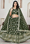 Woven Art Silk Jacquard Lehenga in Dark Olive Green